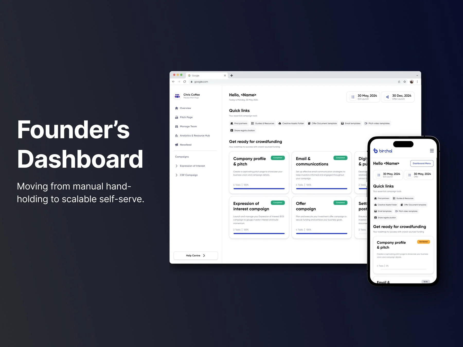Birchal founder dashboard, browser and mobile views