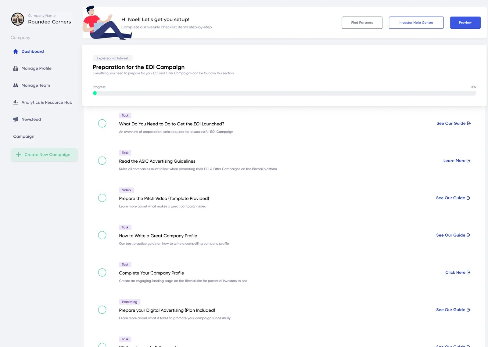 The old Birchal dashboard, before the redesign