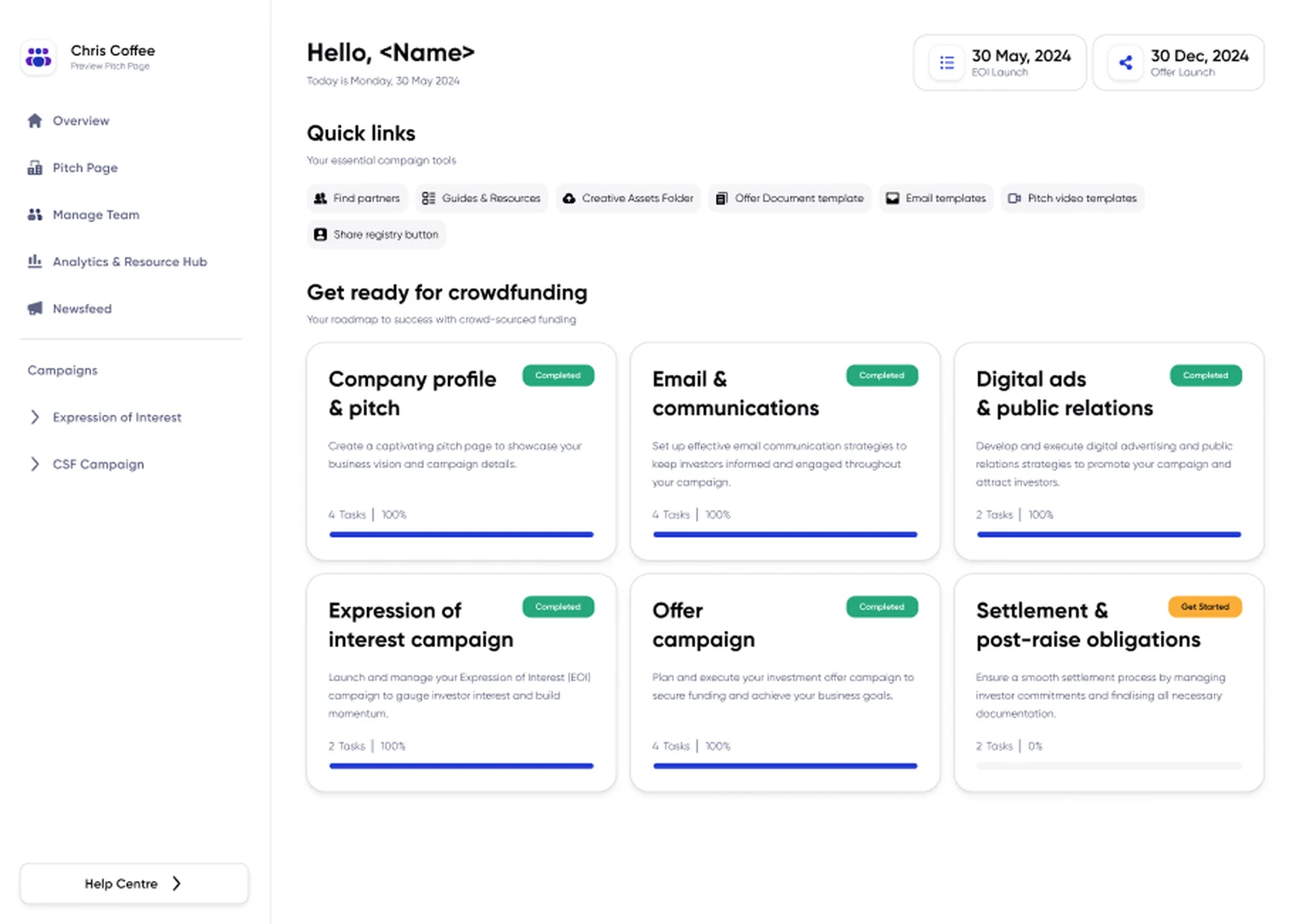 The Overview page: quick links to campaign assets, then six stage cards for company profile, email, digital ads, expression of interest, offer campaign and settlement, each with a task count, percentage complete and a status pill