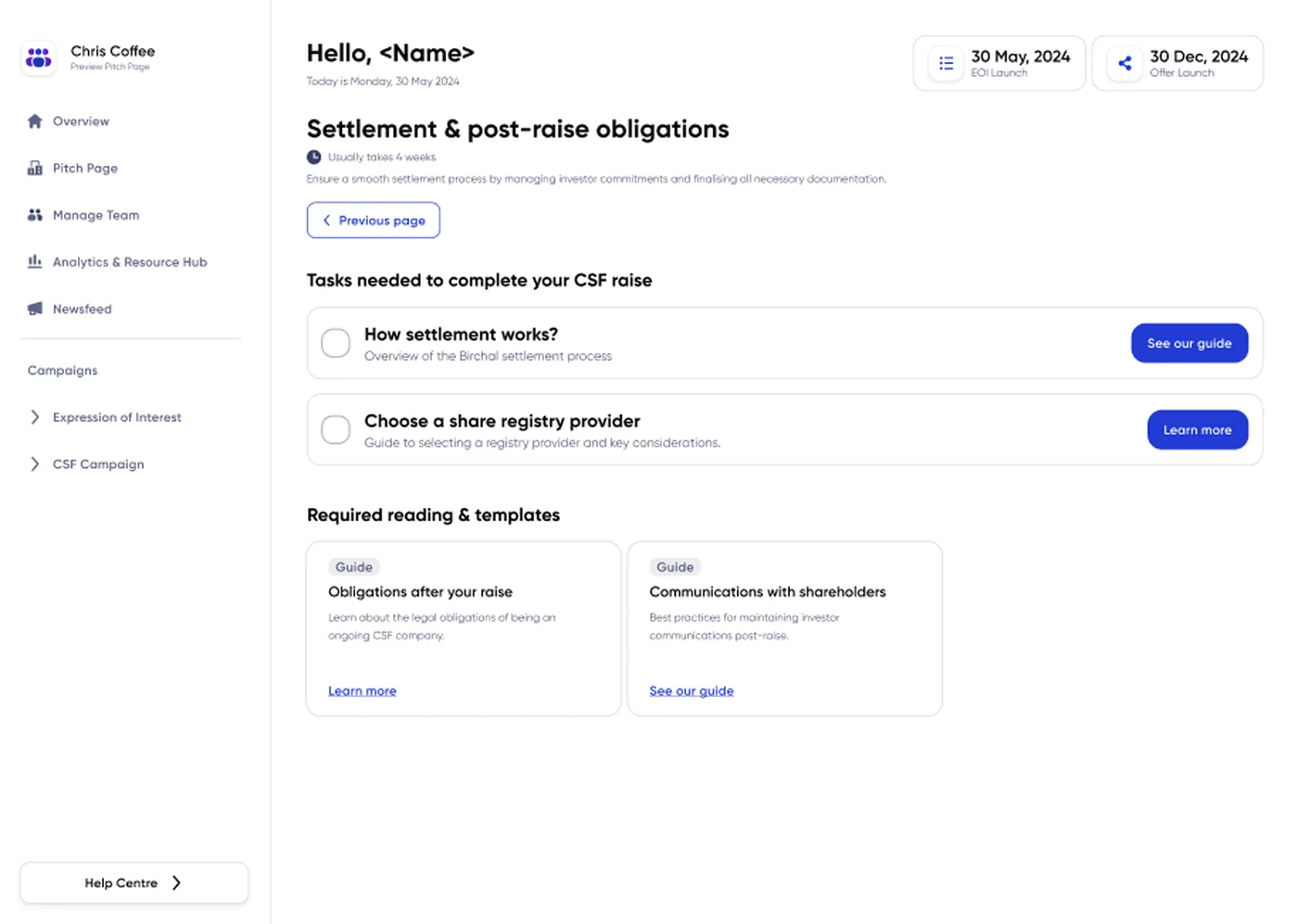A stage detail page: tasks needed to complete the raise, each with its own action button, followed by required reading and templates