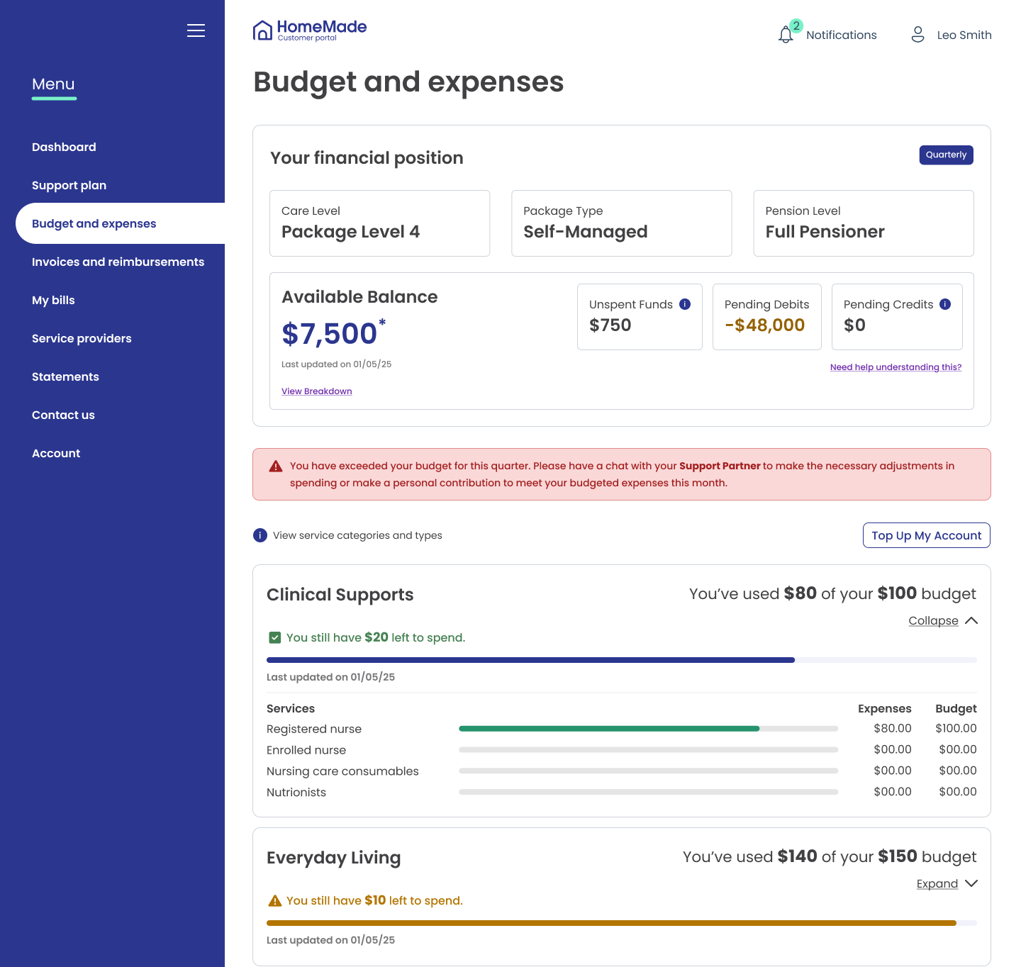2025 Budget and Expenses exploration showing a financial position summary and service-level spending detail