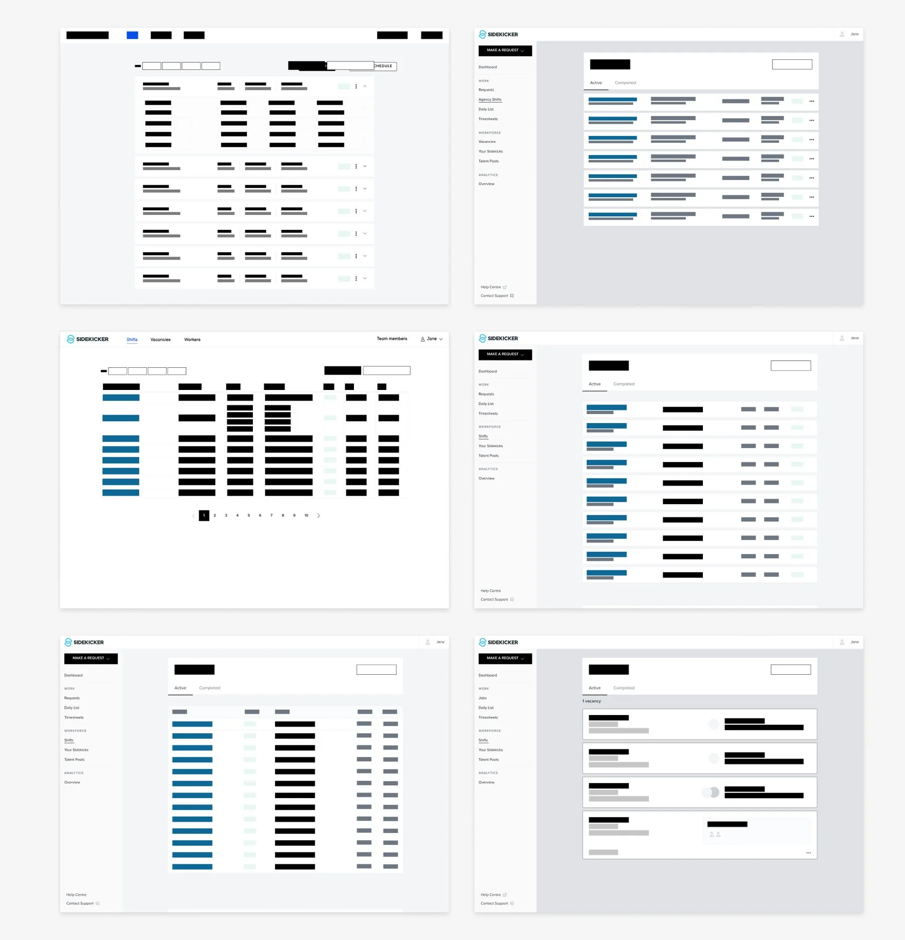 Job feed wireframe exploration, multiple layout variants