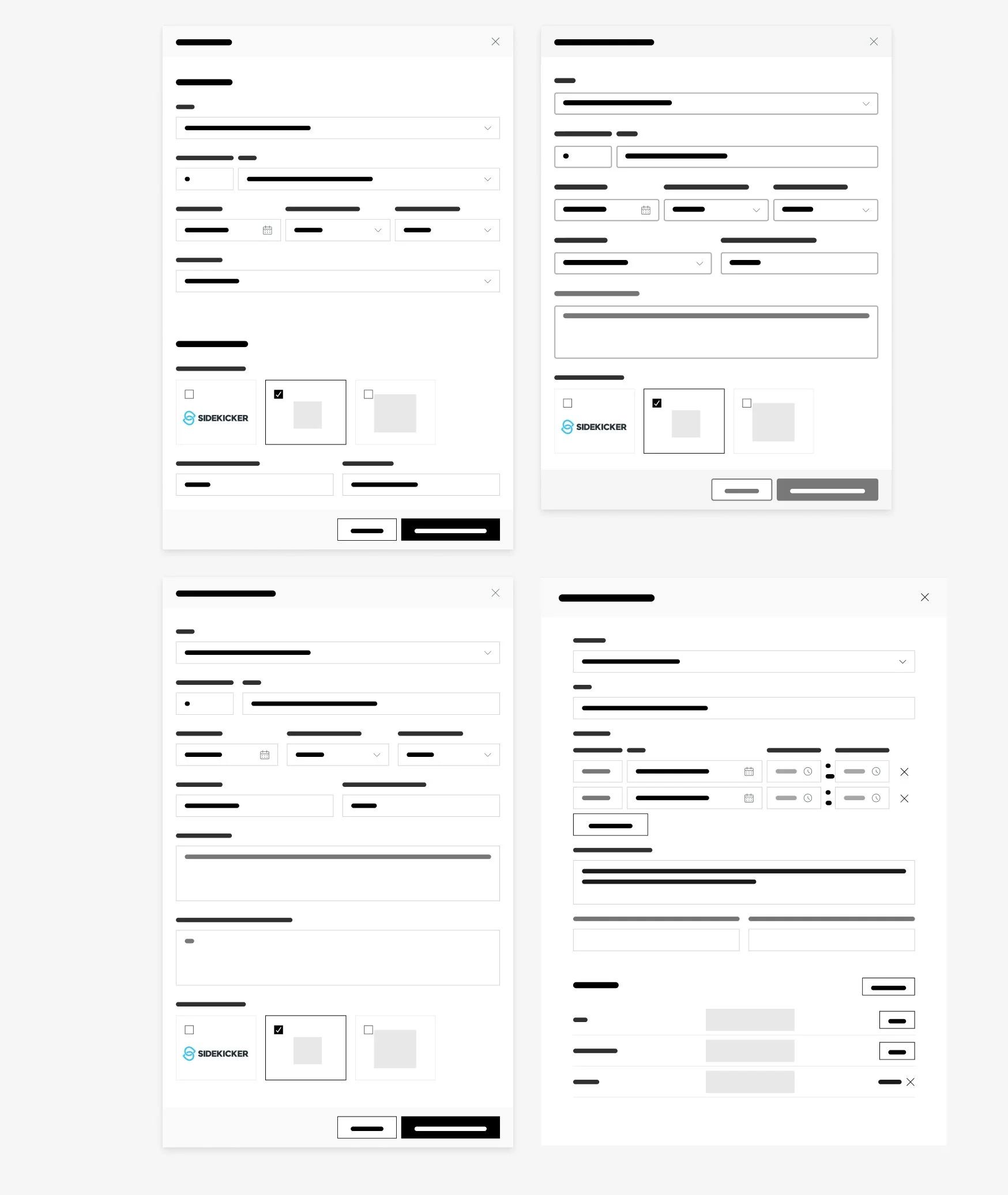 Request form wireframe exploration, modal variants
