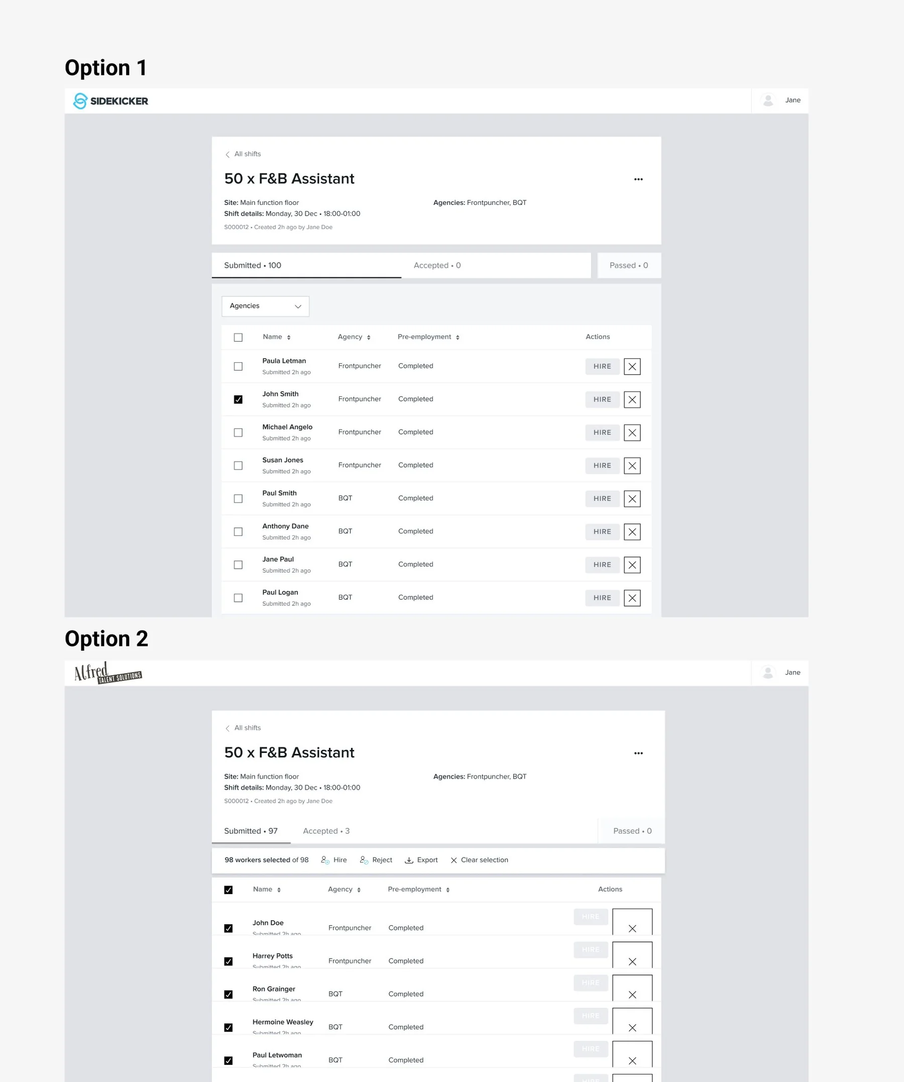 Bulk action Option 1 (dropdown) versus Option 2 (toolbar)