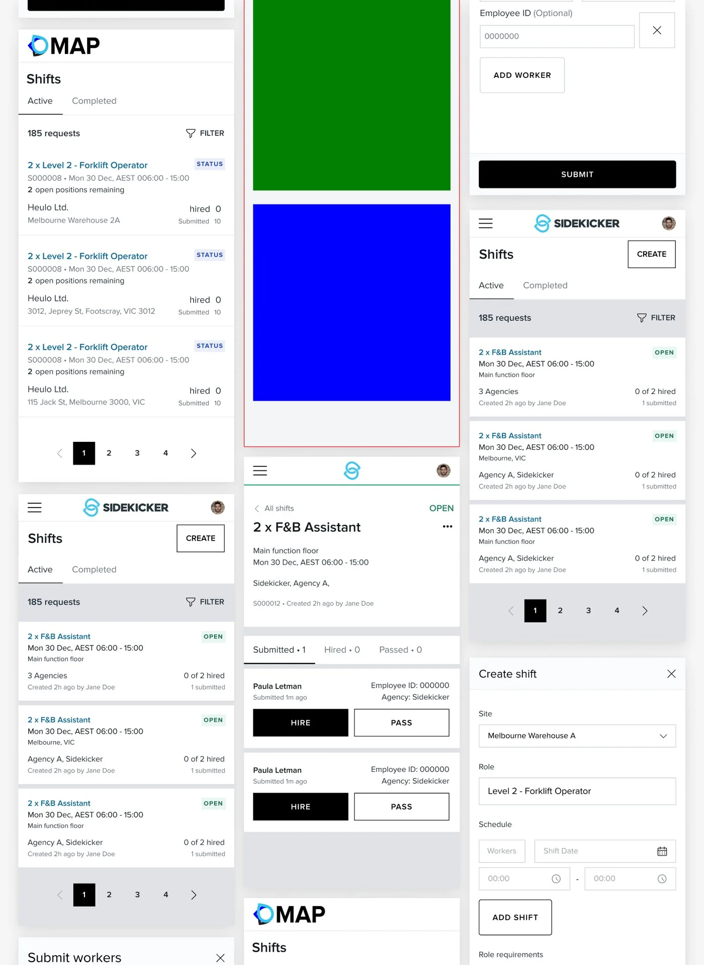 MAP and Sidekicker mobile screens, full responsive flow