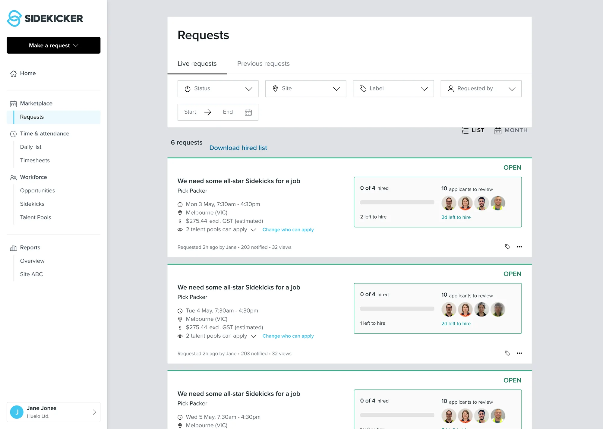 The request list inside Sidekicker&rsquo;s own platform, in Sidekicker branding
