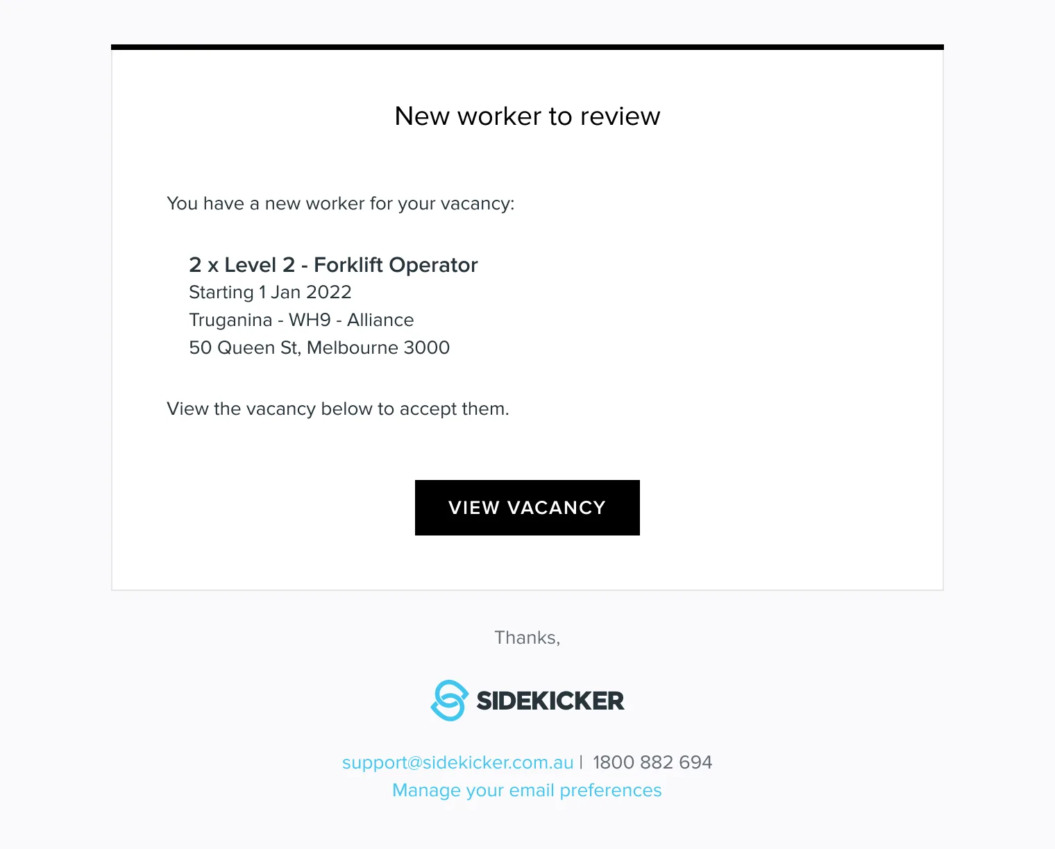 The previous notification email, subject line &ldquo;New worker to review&rdquo;