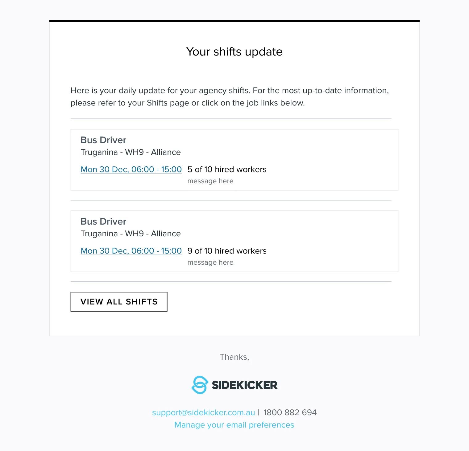 The redesigned notification email, subject line &ldquo;Your shifts update&rdquo;