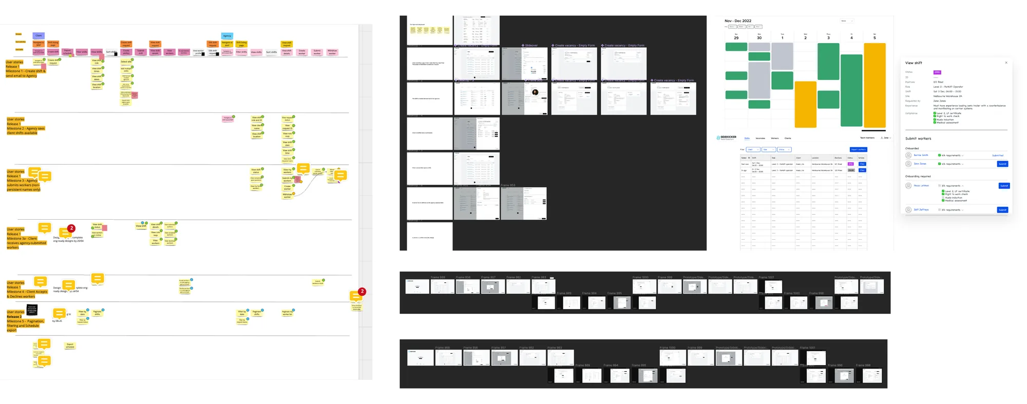 Development milestones and release points shown against early prototypes and mid-fidelity screens