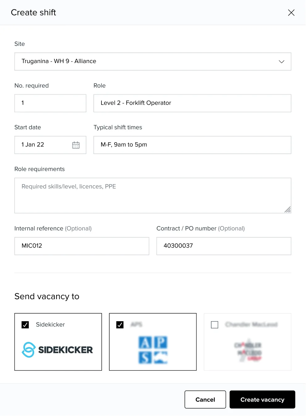 Create Request in the MVP: a slide-over panel with basic form fields