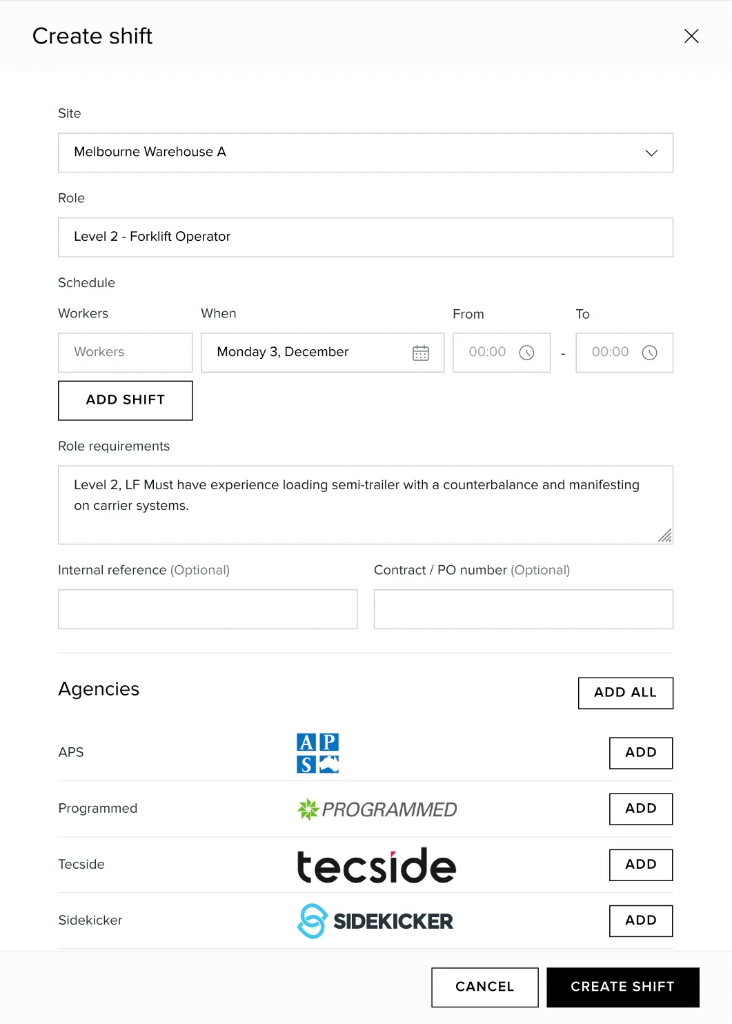 Create Request refined: a modal with an agency selector and a restructured form
