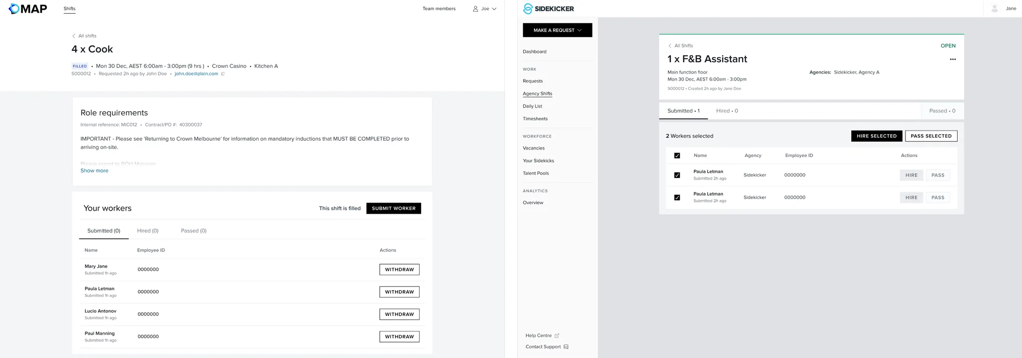 Shift details as shipped: the agency view for managing workers alongside the client view for selecting them