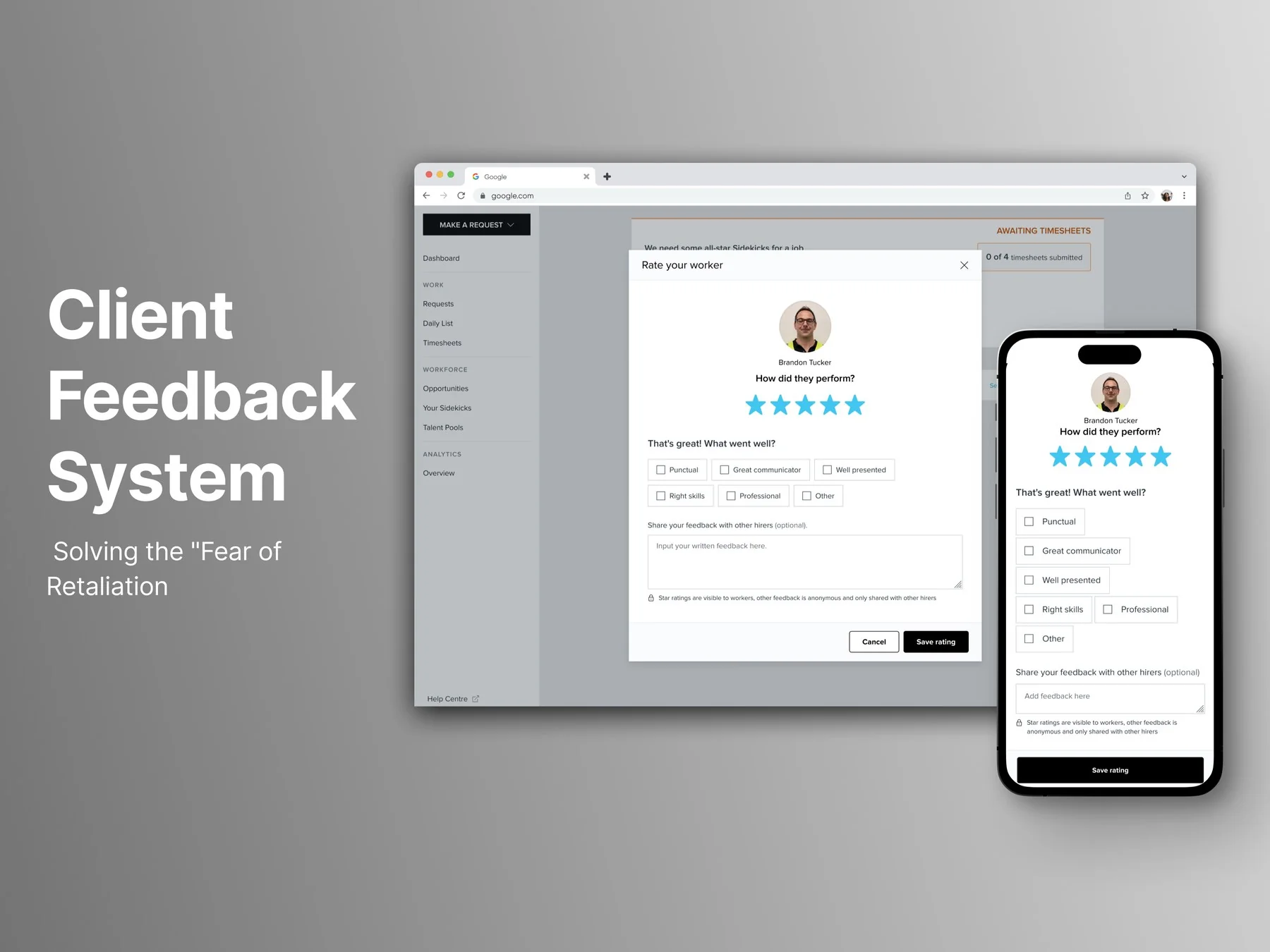 Sidekicker Rate Your Worker modal, browser and mobile views