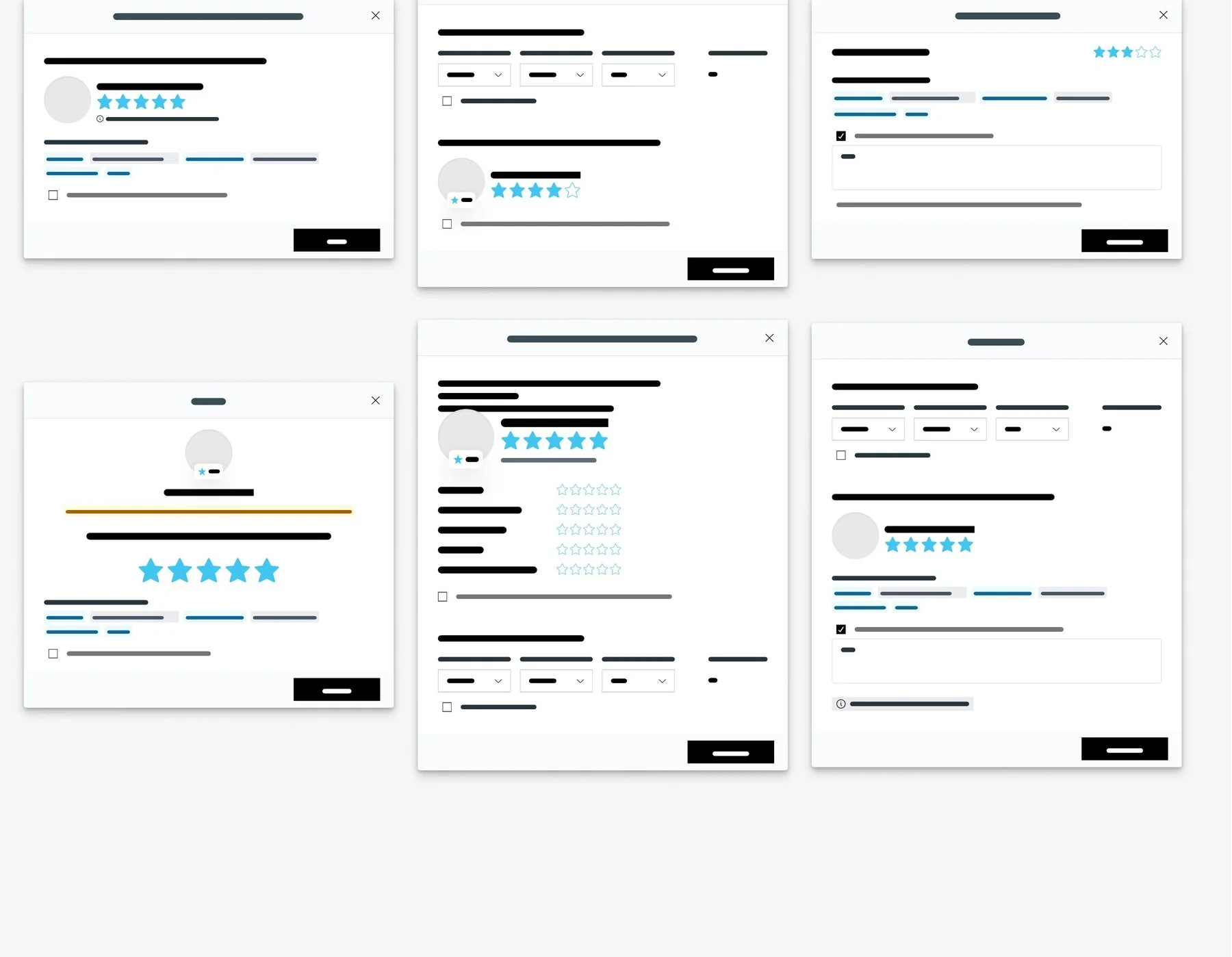 Rating modal wireframe exploration, six variants