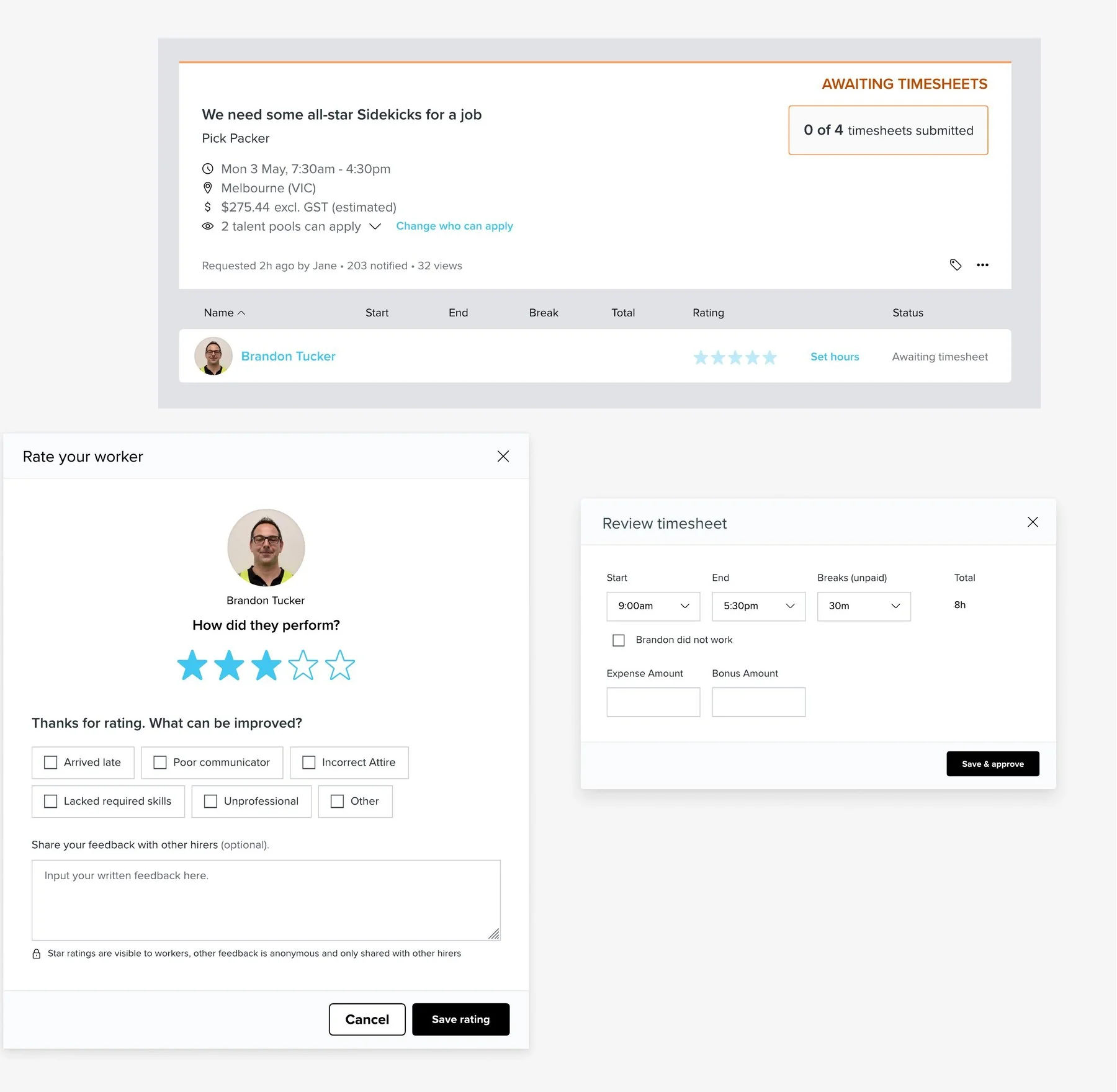 The Rate Your Worker modal on a lower rating, next to the decoupled timesheet review