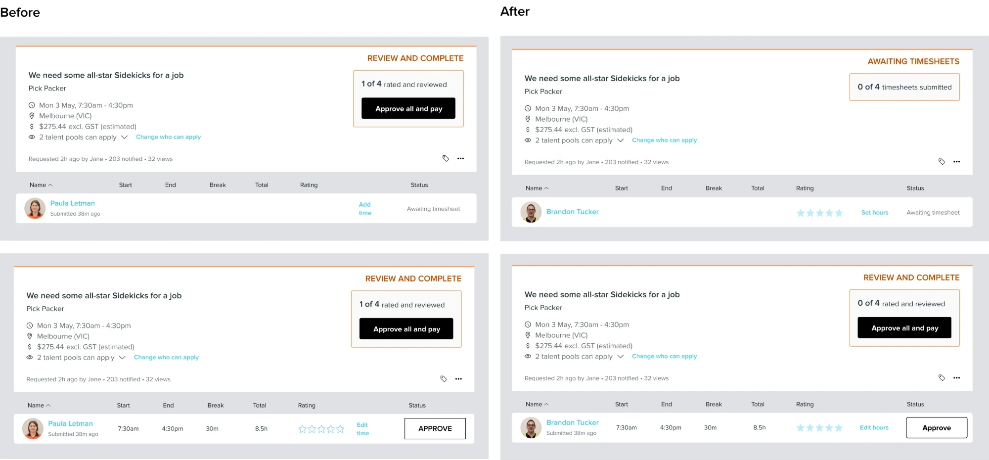 Before and after of the shift list: previously stars only appeared once a timesheet was submitted and the header read Review and complete regardless of state; afterwards faded stars show on every row and the header names the stage the job is actually at