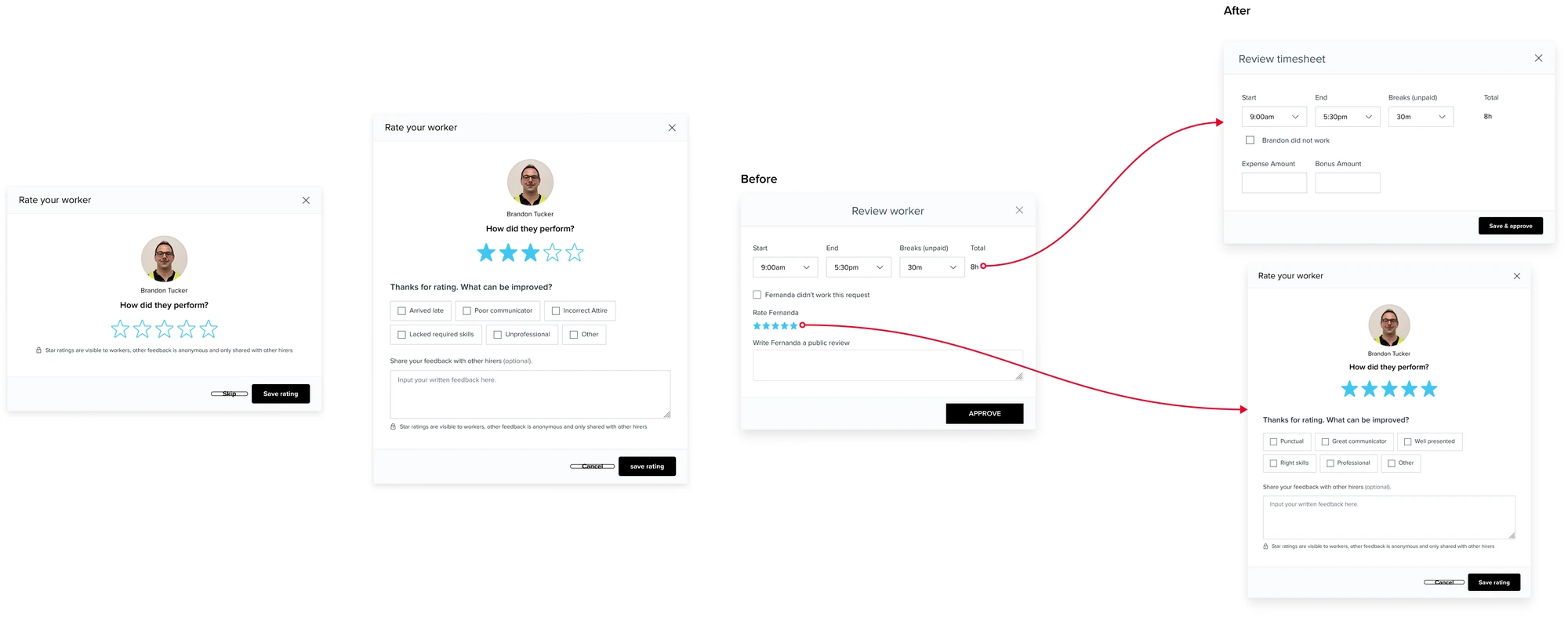 The old combined Review worker modal beside the new split flow: a Review timesheet modal for hours, and a separate Rate your worker modal with pre-canned answers and a skip option
