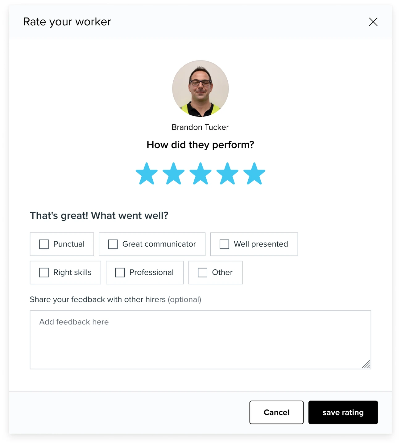 The rating modal at five stars, headed That's great! What went well? with positive attributes and a field labelled Share your feedback with other hirers