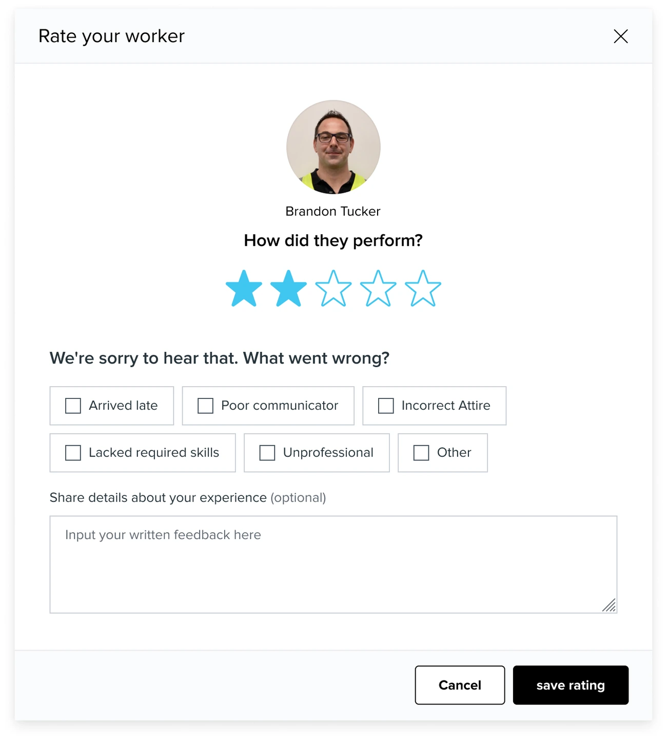 The same modal at two stars, headed We're sorry to hear that. What went wrong? with shortcomings and a field labelled Share details about your experience